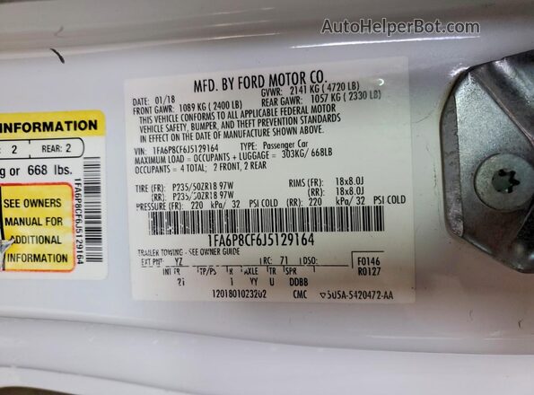 1FA6P8CF6J5129164 2018 FORD MUSTANG White Vista del compartimento del motor