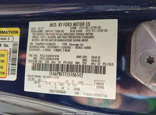 1FA6P8CF7J5106542 2018 FORD MUSTANG Синий Вид подкапотного пространства