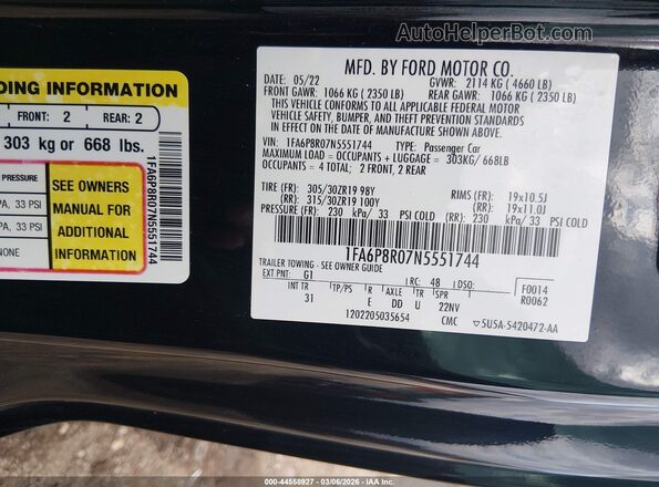1FA6P8R07N5551744 2022 FORD MUSTANG Черный Вид подкапотного пространства