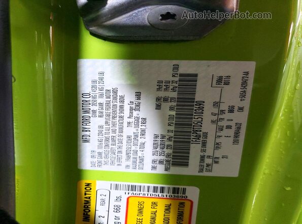 1FA6P8TD5L5103690 2020 FORD MUSTANG Зеленый Вид наклейки с VIN-кодом