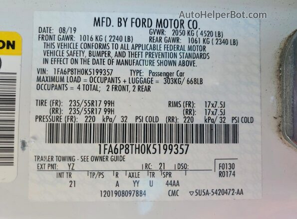1FA6P8TH0K5199357 2019 FORD MUSTANG Белый Вид наклейки с VIN-кодом