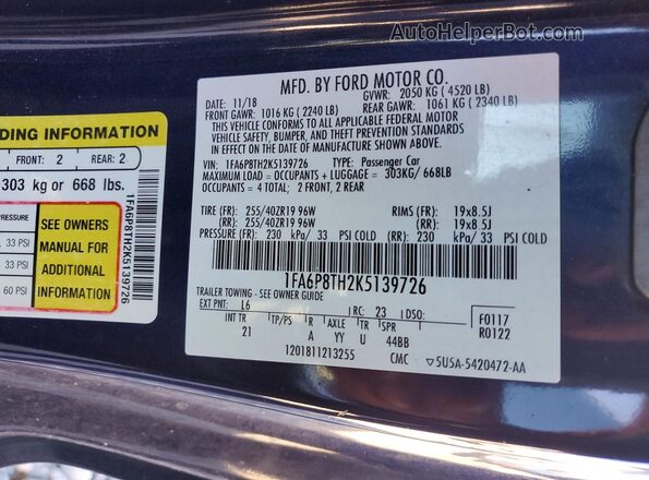 1FA6P8TH2K5139726 2019 FORD MUSTANG Blue Widok komory silnika
