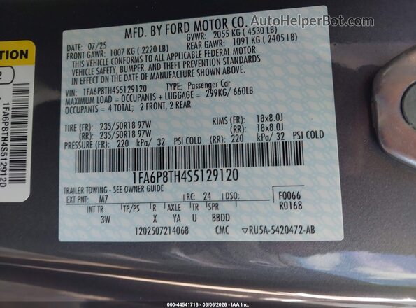 1FA6P8TH4S5129120 2025 FORD MUSTANG Серый Вид подкапотного пространства