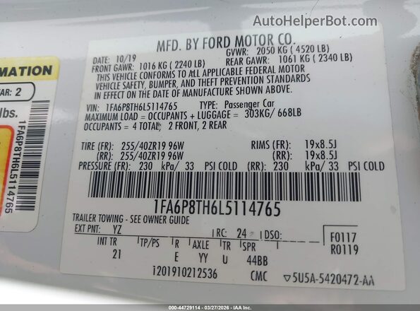 1FA6P8TH6L5114765 2020 FORD MUSTANG White Widok komory silnika