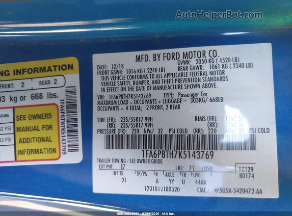 1FA6P8TH7K5143769 2019 FORD MUSTANG Синий Вид подкапотного пространства