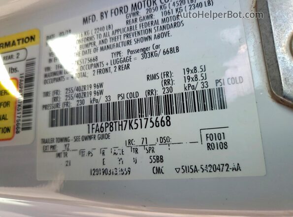 1FA6P8TH7K5175668 2019 FORD MUSTANG Белый Вид подкапотного пространства