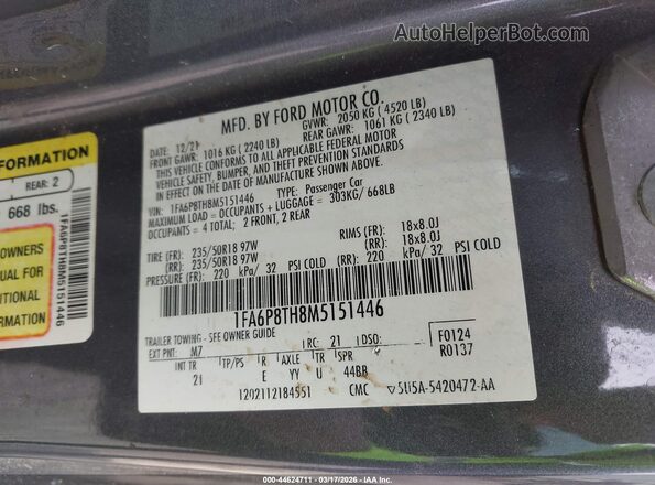 1FA6P8TH8M5151446 2021 FORD MUSTANG Черный Вид подкапотного пространства