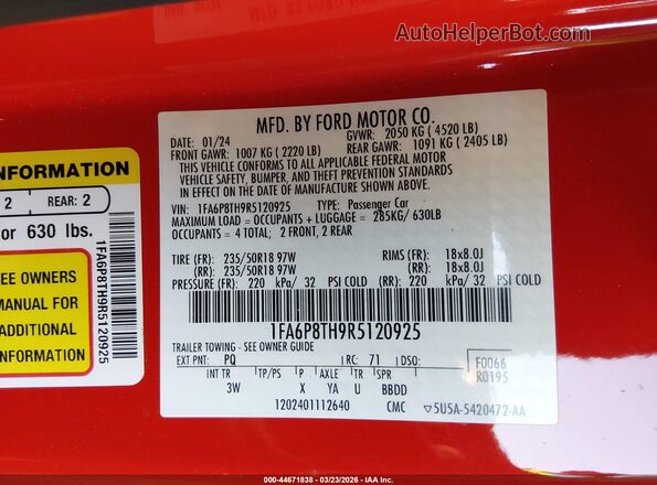 1FA6P8TH9R5120925 2024 FORD MUSTANG Красный Вид подкапотного пространства