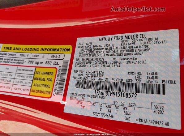 1FA6P8TH9T5108572 2026 FORD MUSTANG Красный Вид подкапотного пространства