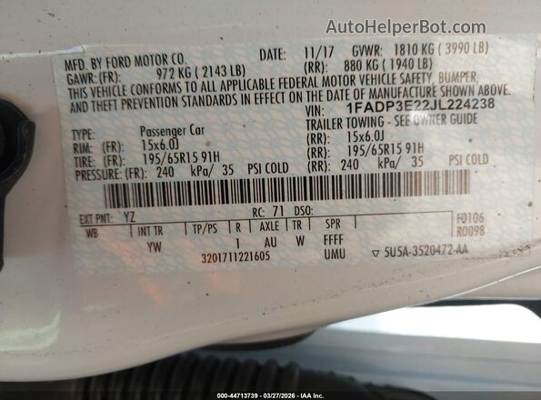 1FADP3E22JL224238 2018 FORD FOCUS Белый Вид подкапотного пространства