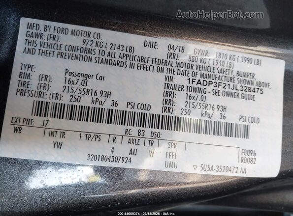 1FADP3F21JL328475 2018 FORD FOCUS Серый Вид подкапотного пространства
