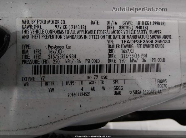 1FADP3F25GL269133 2016 FORD FOCUS White ძრავის განყოფილების ხედი