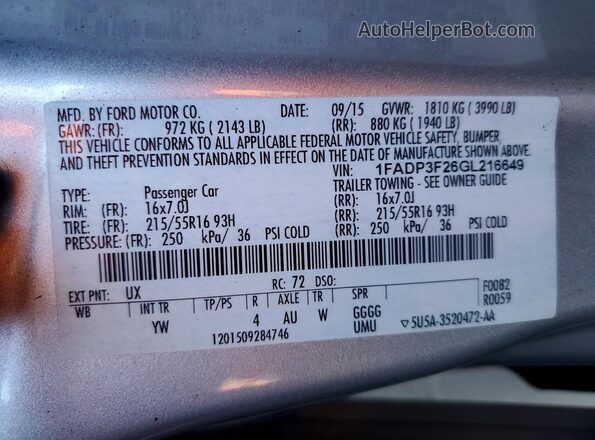 1FADP3F26GL216649 2016 FORD FOCUS Серебряный Вид подкапотного пространства