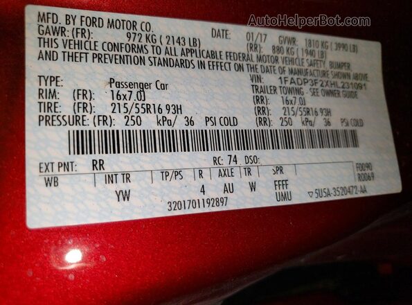 1FADP3F2XHL231091 2017 FORD FOCUS Красный Вид подкапотного пространства