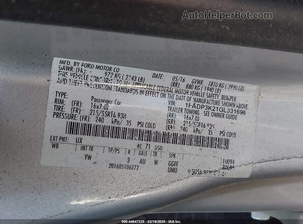 1FADP3K21GL331696 2016 FORD FOCUS Серебряный Вид подкапотного пространства