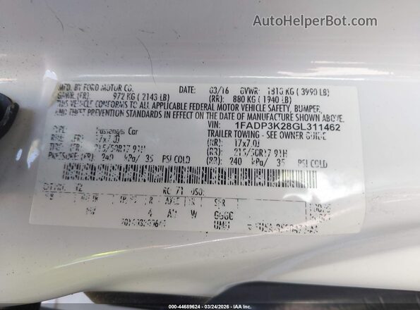 1FADP3K28GL311462 2016 FORD FOCUS White Vista del compartimento del motor