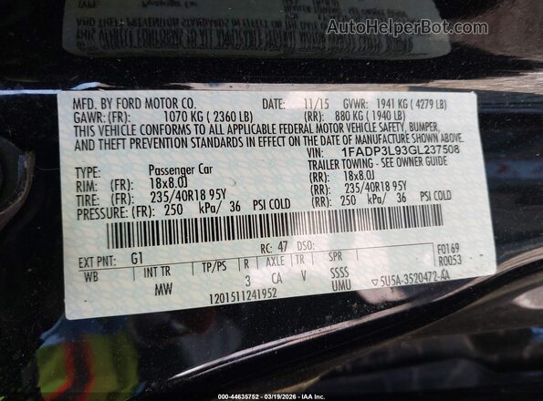 1FADP3L93GL237508 2016 FORD FOCUS ST Черный Вид подкапотного пространства