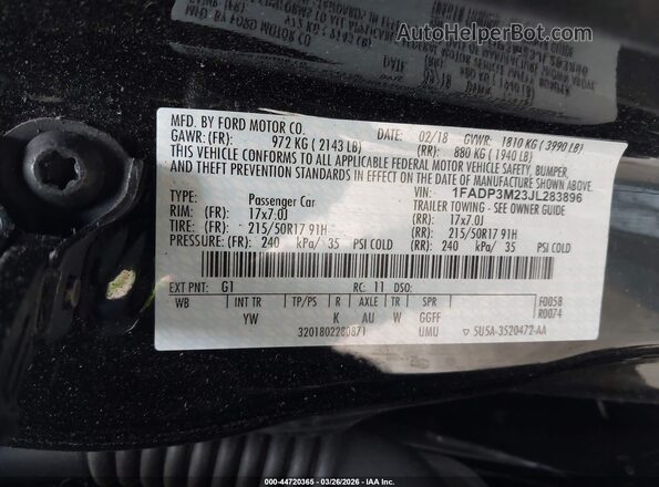 1FADP3M23JL283896 2018 FORD FOCUS Черный Вид наклейки с VIN-кодом