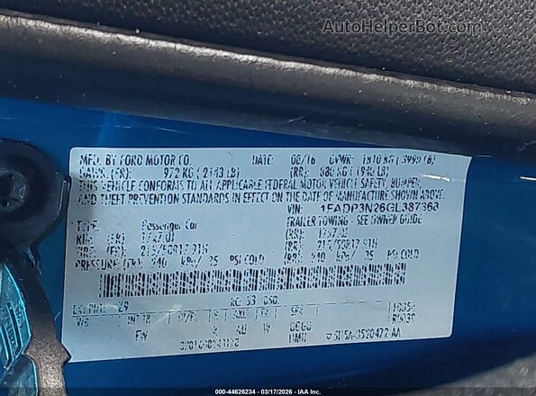 1FADP3N26GL387368 2016 FORD FOCUS Синий Вид подкапотного пространства