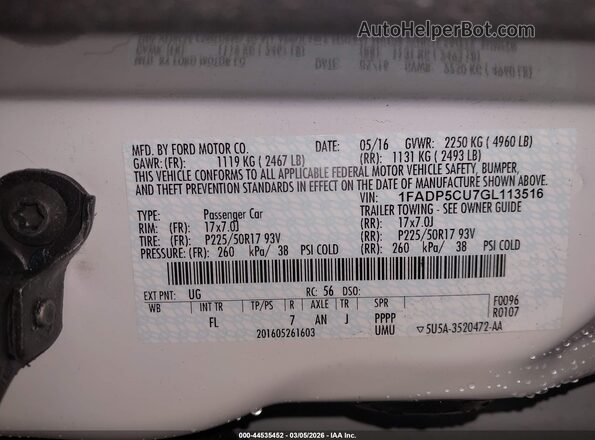 1FADP5CU7GL113516 2016 FORD C-MAX ENERGI White Widok komory silnika