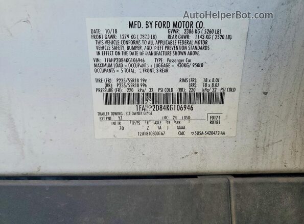 1FAHP2D84KG106946 2019 FORD TAURUS White Widok komory silnika