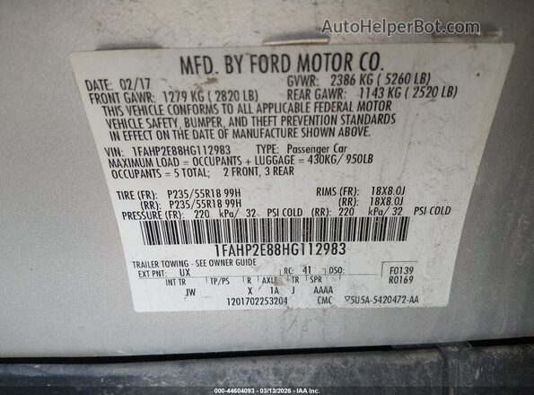 1FAHP2E88HG112983 2017 FORD TAURUS Серебряный Вид подкапотного пространства