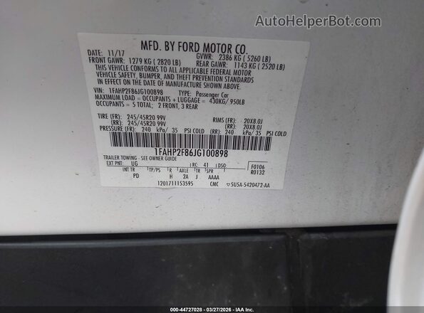1FAHP2F86JG100898 2018 FORD TAURUS Белый Вид подкапотного пространства