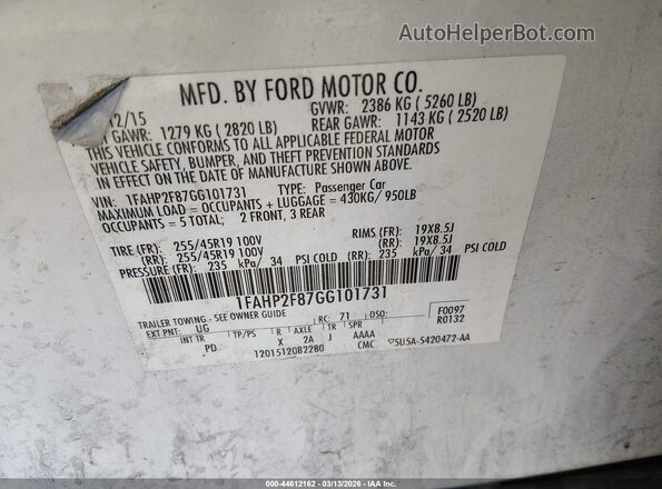 1FAHP2F87GG101731 2016 FORD TAURUS White Vista del compartimento del motor