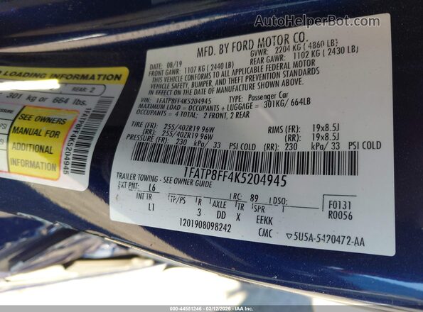1FATP8FF4K5204945 2019 FORD MUSTANG Blue Engine compartment view