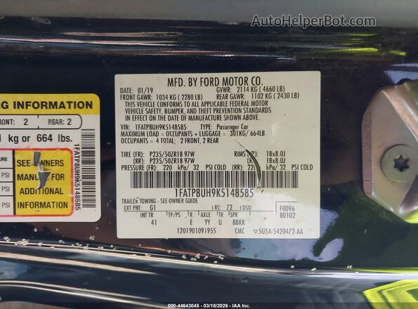 1FATP8UH9K5148585 2019 FORD MUSTANG Черный Вид подкапотного пространства