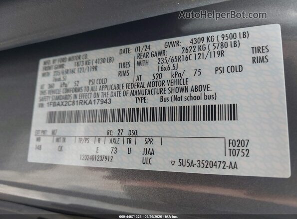 1FBAX2C81RKA17943 2024 FORD PASSENGER Серый Вид подкапотного пространства