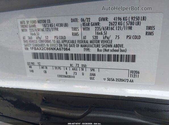1FBAX2C86NKA67084 2022 FORD PASSENGER White Widok komory silnika