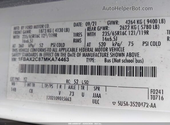 1FBAX2C87MKA74463 2021 FORD PASSENGER Белый Вид подкапотного пространства