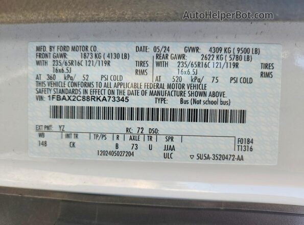 1FBAX2C88RKA73345 2024 FORD TRANSIT Белый Панорамный вид салона 360°