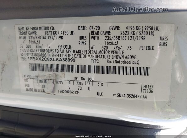 1FBAX2C8XLKA88999 2020 FORD PASSENGER White Widok komory silnika