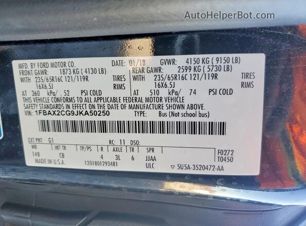 1FBAX2CG9JKA50250 2018 FORD TRANSIT Черный Вид наклейки с VIN-кодом