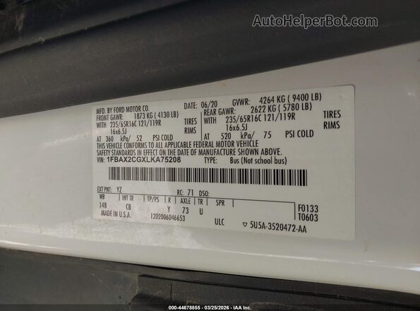 1FBAX2CGXLKA75208 2020 FORD PASSENGER White Вид підкапотного простору