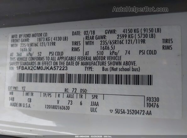 1FBAX2CM0JKA57223 2018 FORD TRANSIT-350 White Vista del compartimento del motor