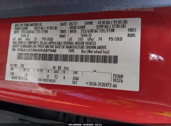 1FBAX2CM4HKA87948 2017 FORD TRANSIT-350 Red Engine compartment view