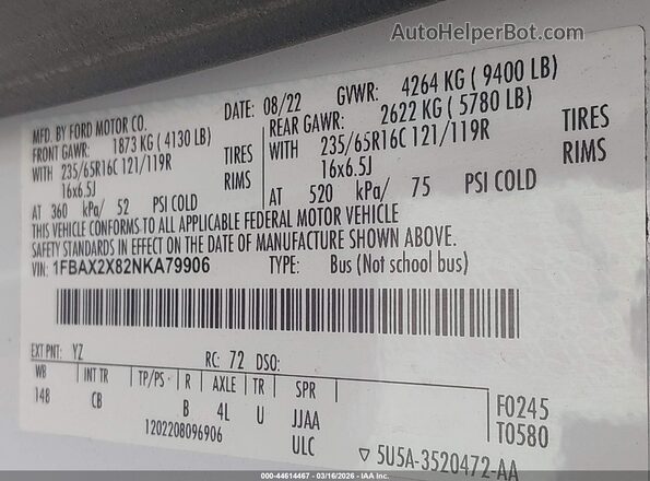 1FBAX2X82NKA79906 2022 FORD PASSENGER Белый Вид подкапотного пространства