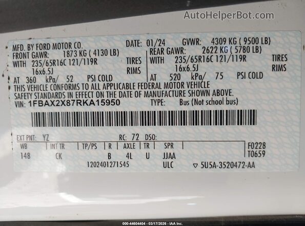 1FBAX2X87RKA15950 2024 FORD PASSENGER Белый Вид подкапотного пространства