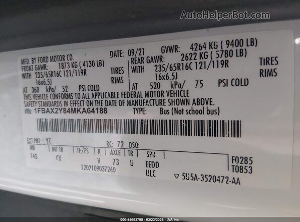 1FBAX2Y84MKA64188 2021 FORD PASSENGER White ძრავის განყოფილების ხედი