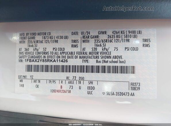 1FBAX2Y85RKA11426 2024 FORD PASSENGER White Вид підкапотного простору