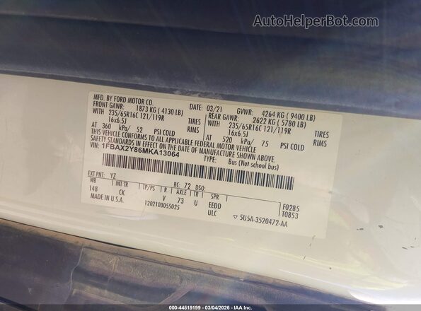 1FBAX2Y86MKA13064 2021 FORD PASSENGER White Շարժիչի բաժամունքի տեսք