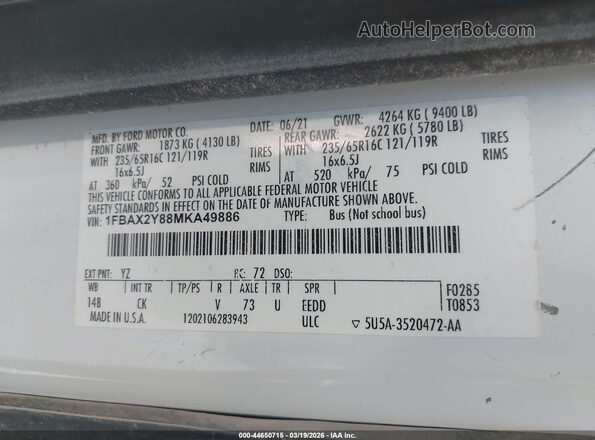 1FBAX2Y88MKA49886 2021 FORD PASSENGER White Вид підкапотного простору