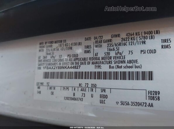 1FBAX2Y89NKA44827 2022 FORD PASSENGER Белый Вид подкапотного пространства