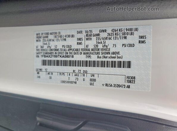 1FBAX2Y89TKA08018 2026 FORD TRANSIT White Vista interior de 360 grados