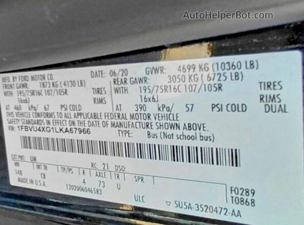 1FBVU4XG1LKA67966 2020 FORD TRANSIT Черный Вид задних сидений