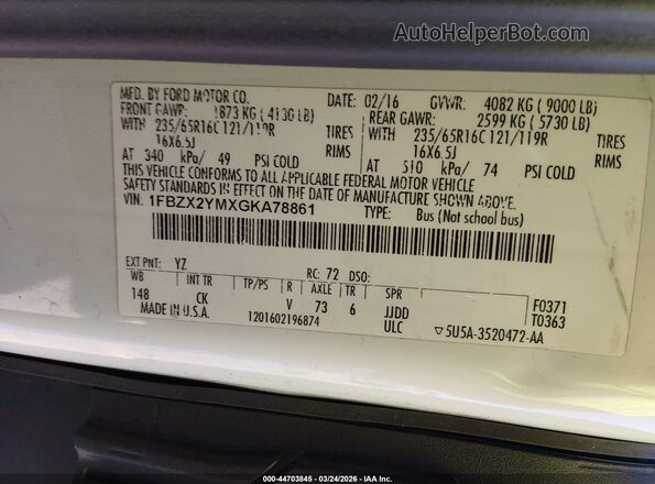 1FBZX2YMXGKA78861 2016 FORD TRANSIT-350 White Widok komory silnika