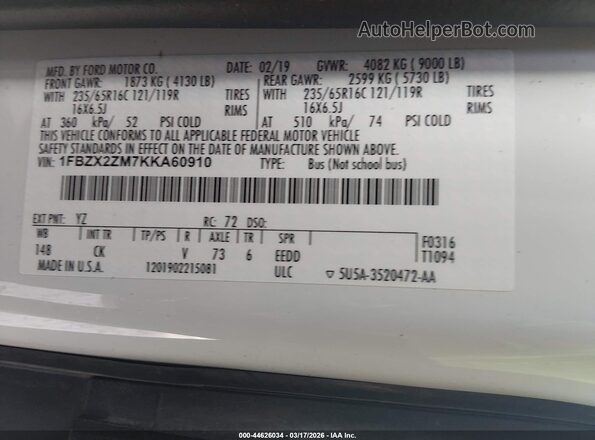 1FBZX2ZM7KKA60910 2019 FORD TRANSIT-350 Белый Вид подкапотного пространства